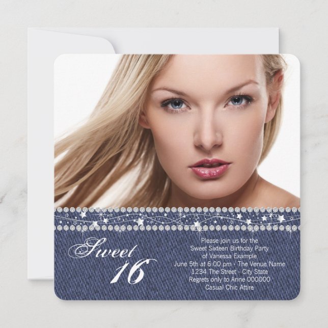 Invitación Fiesta de Dulces Dieciséis Denim y Diamante (Anverso)