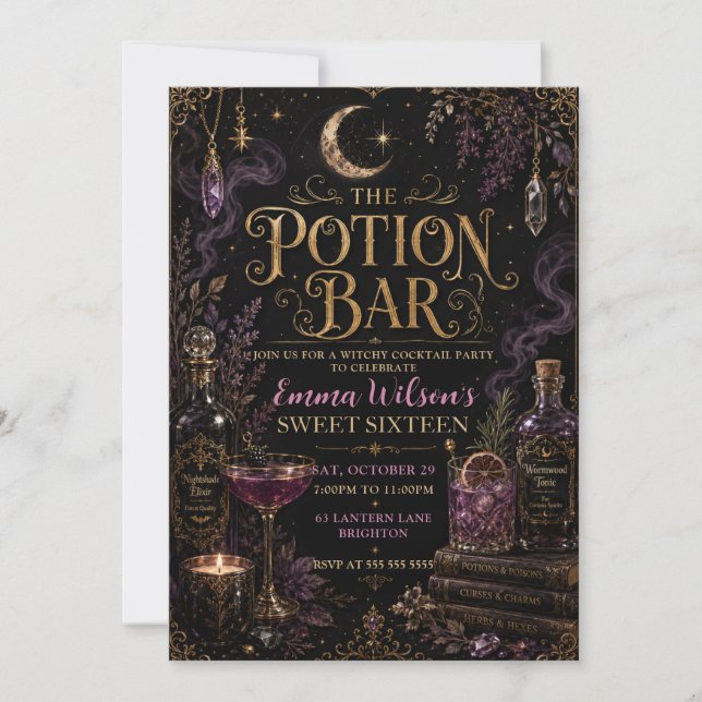 Invitación Fiesta de Dulces Dieciséis en la Barra de Pociones (Anverso)