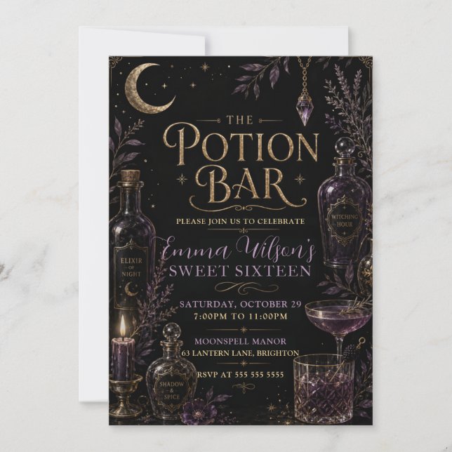 Invitación Fiesta de Dulces Dieciséis en la Barra de Pociones (Anverso)