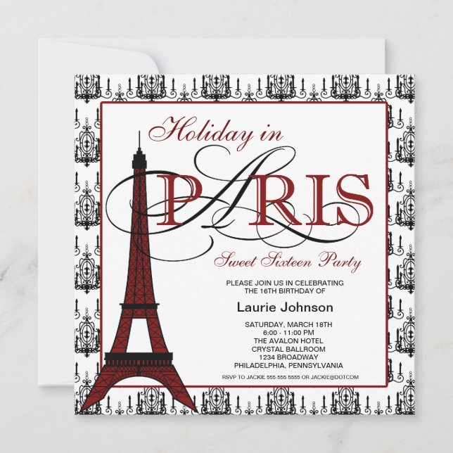 Invitación Fiesta de Dulces Dieciséis en París (Anverso)