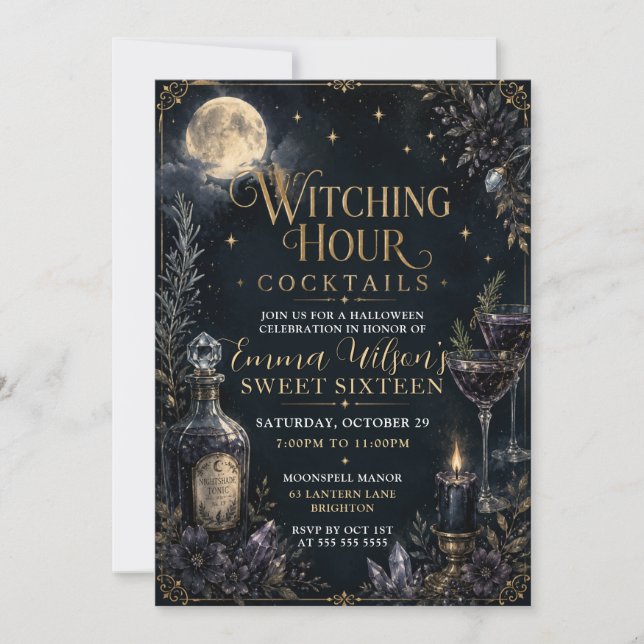 Invitación Fiesta de Dulces Dieciséis Hora de Brujas (Anverso)