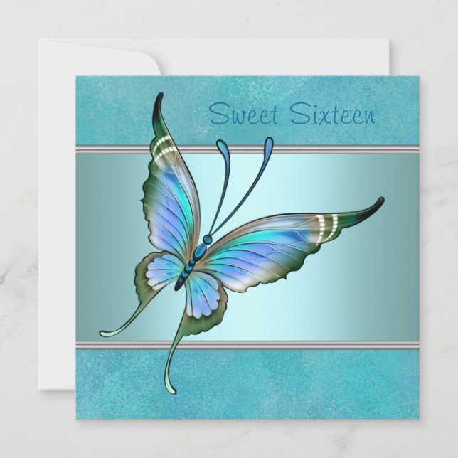 Invitación Fiesta de Dulces Dieciséis Mariposa Azul Verde (Anverso)