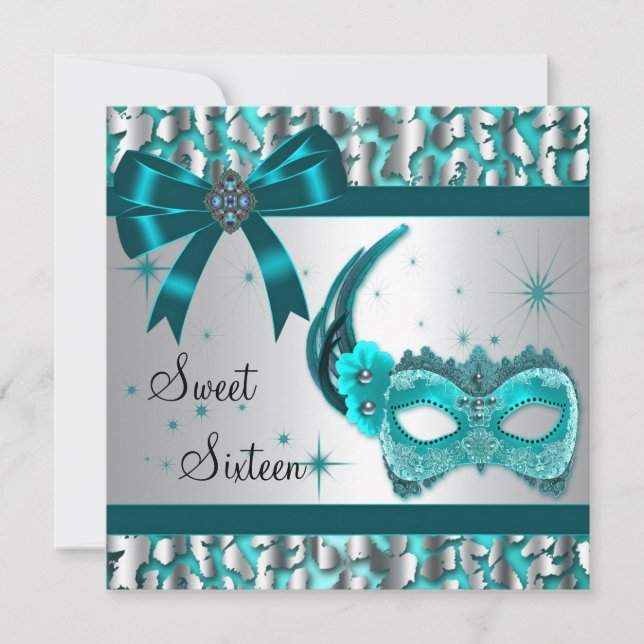Invitación Fiesta de Dulces Dieciséis Mascarada Leopardo Azul (Anverso)