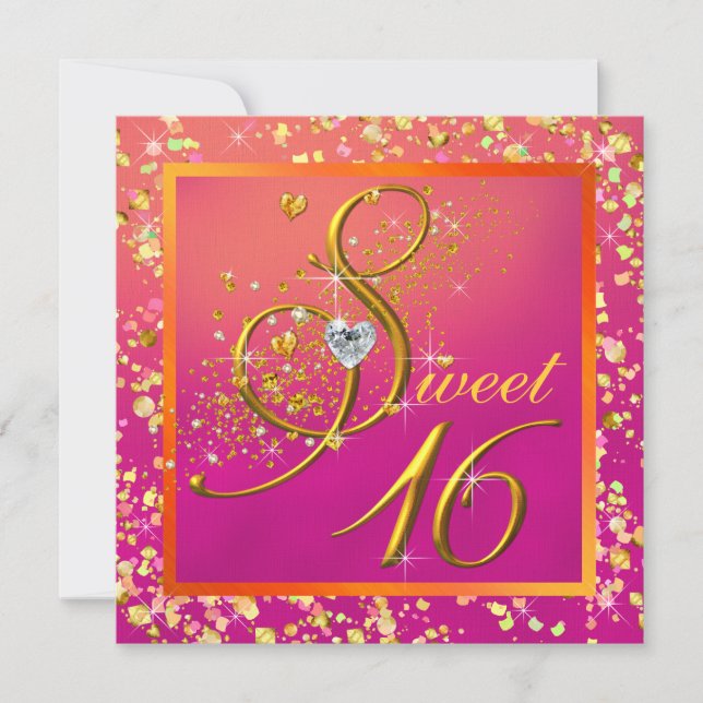 Invitación Fiesta de Dulces Dieciséis Naranja y Rosa (Anverso)