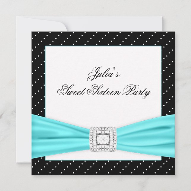 Invitación Fiesta de dulces dieciséis negro blanco turquesa (Anverso)