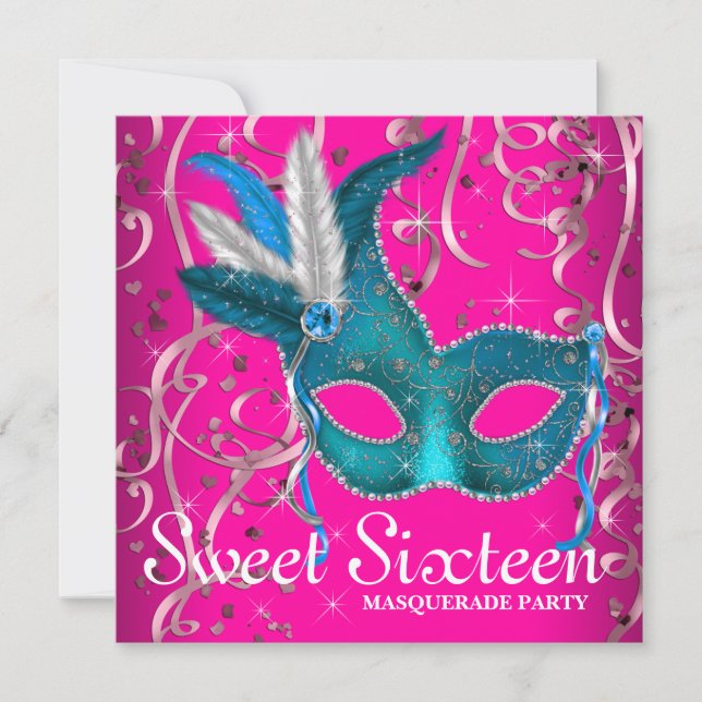 Invitación Fiesta de Dulces Dieciséis Rosa Caliente y Azul Tu (Anverso)