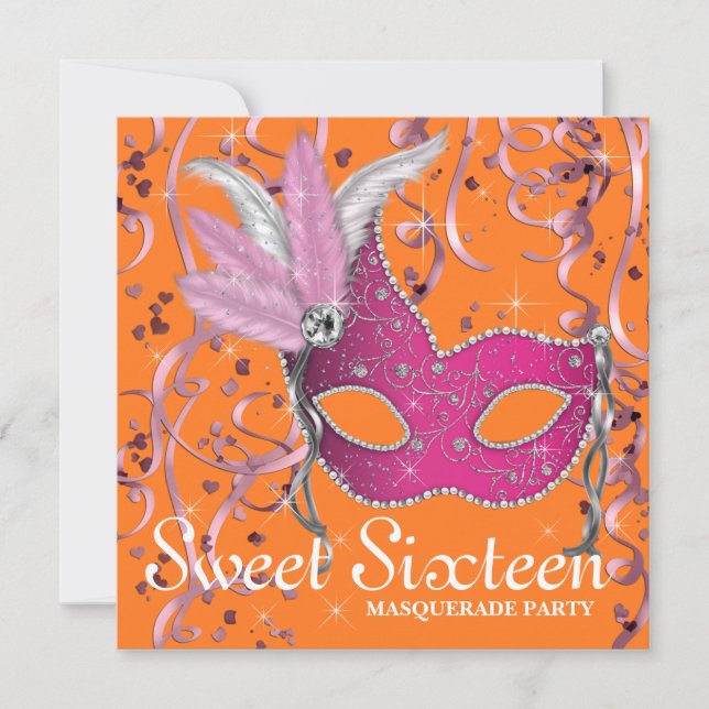 Invitación Fiesta de Dulces Dieciséis Rosa y Naranja (Anverso)
