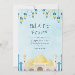 Invitación Fiesta de Eid acuarela azul y amarillo
