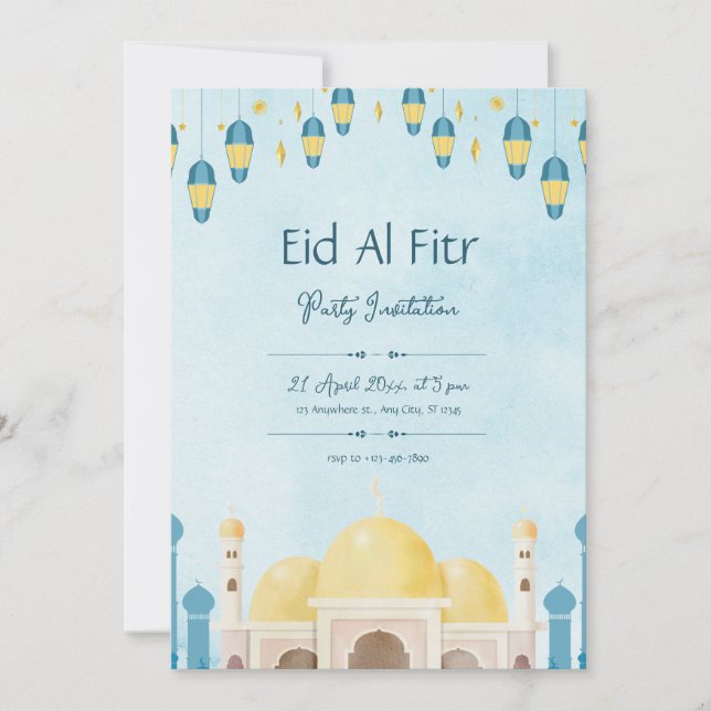 Invitación Fiesta de Eid con Acuarela Azul y Amarillo (Anverso)