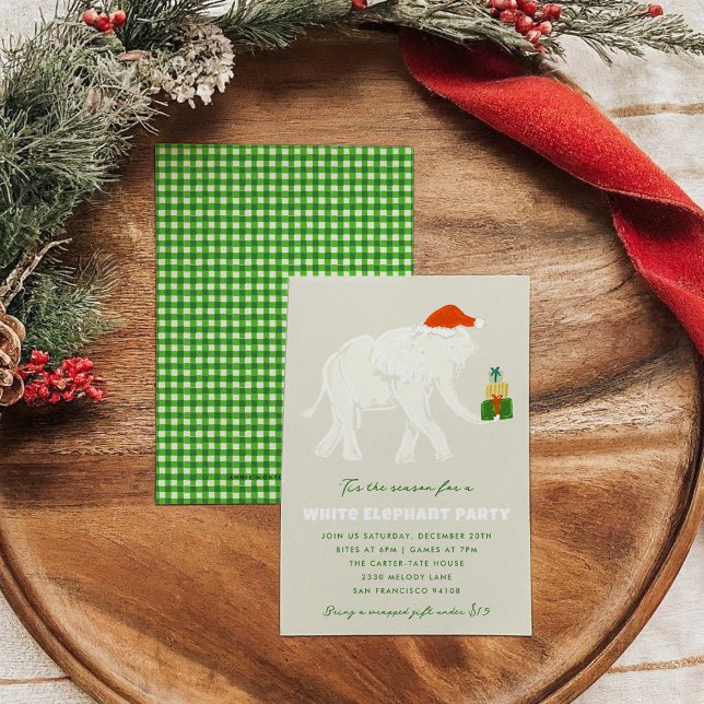 Invitación Fiesta de elefante blanco festivo ilustrado (Festive White Elephant Party Illustrated Invitation with a green checkered back.)