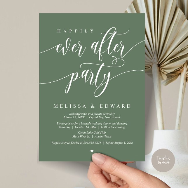 Invitación Fiesta de Elopción de Cuento de Hadas, Verde Salvi (Happily Ever After Elopement Party Invitation Card, PDF, Modern Wedding Dinner, in Forest Sage Green)