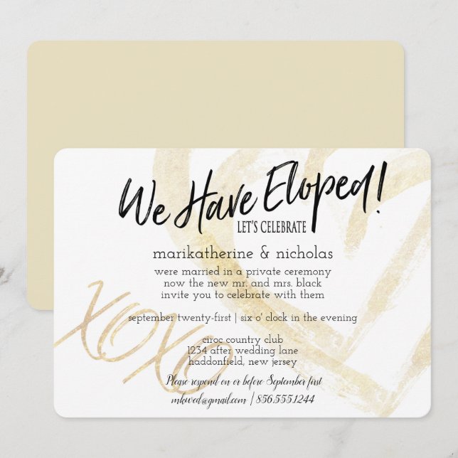 Invitación Fiesta de Elopement Abrazos, Besos y Corazones (Anverso / Reverso)