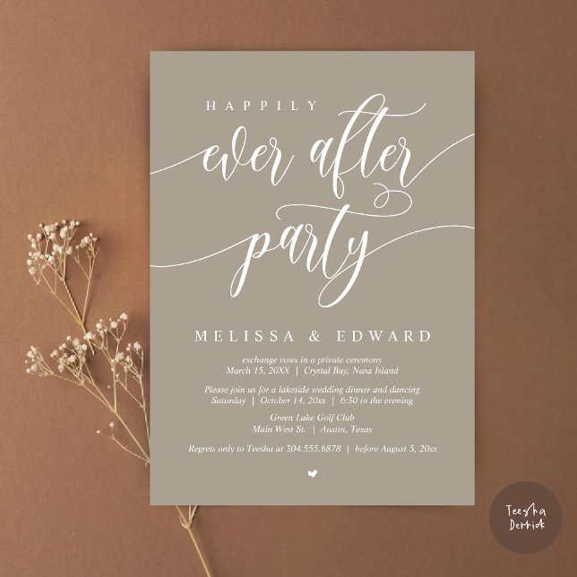 Invitación Fiesta de Elopement Felices para Siempre, Simpleme (Happily Ever After Elopement Party Invitation Card, PDF, Modern Wedding Dinner, in Simply Taupe)