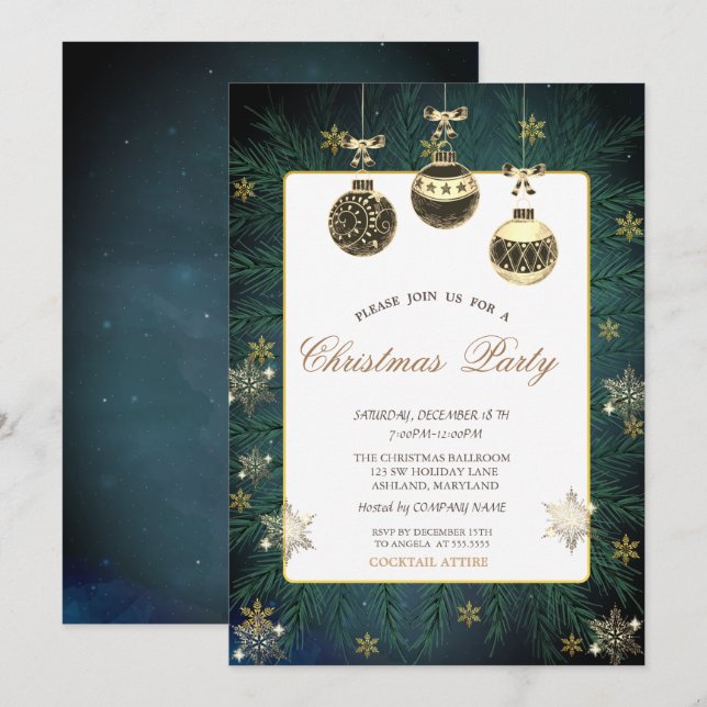Invitación Fiesta de empresa Bolas, Ramas, Copos de Nieve Vin (Anverso / Reverso)
