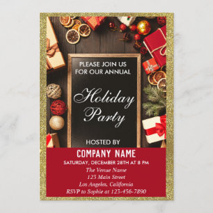 Invitación Fiesta de Empresa Navideña Brillante Rojo y Dorado