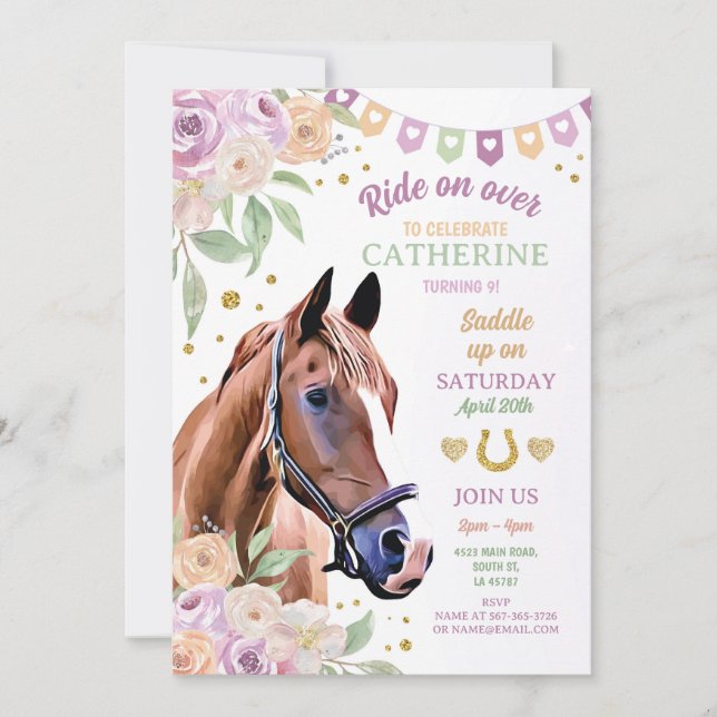 Invitación Fiesta de equitación Lilac Pony Flower Girl Cumple (Anverso)