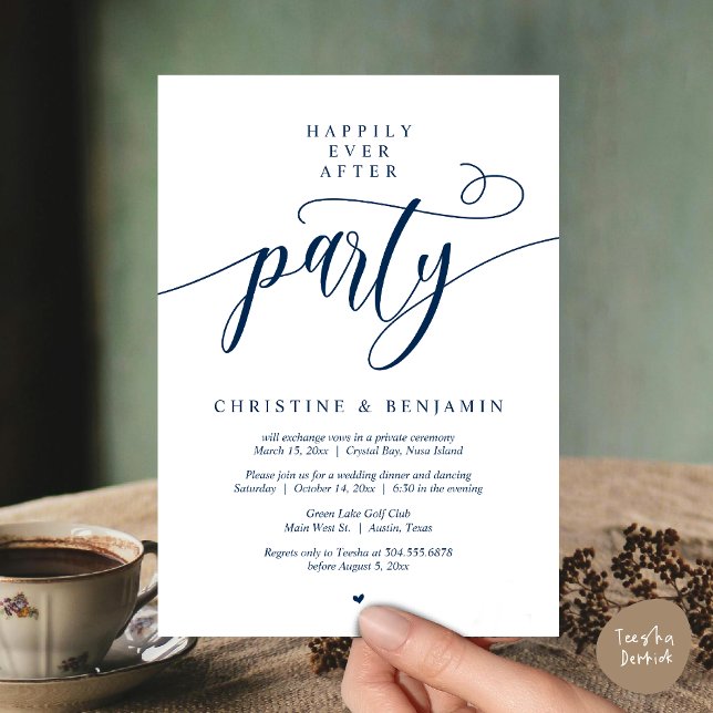 Invitación Fiesta de Érase una Vez Siempre, Guión Moderno (Happily Ever After Dinner Party, Modern Script Wedding Reception Invitation Card, PDF, Navy Blue)