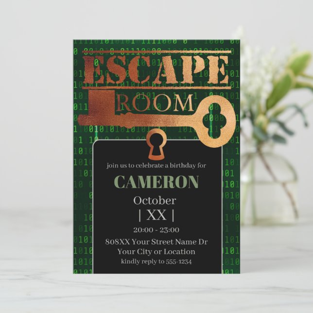 Invitación Fiesta de Escape Room Cerradura y Llave Código Bin (Anverso de pie)