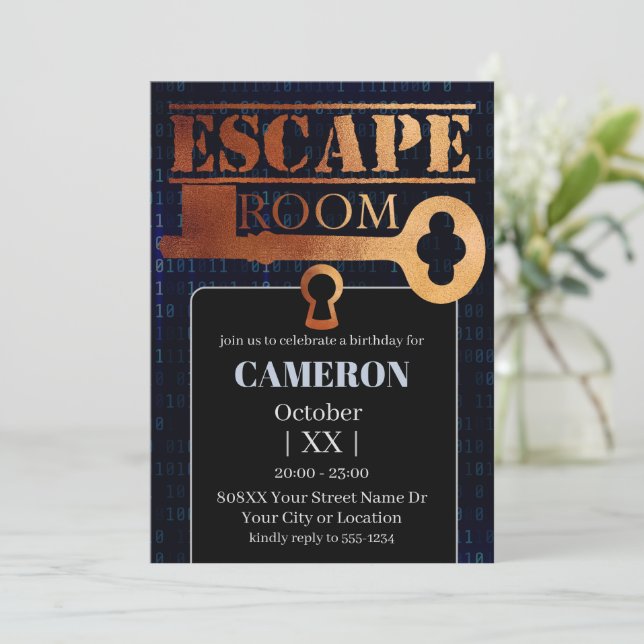 Invitación Fiesta de Escape Room Cerradura y Llave Código Bin (Anverso de pie)