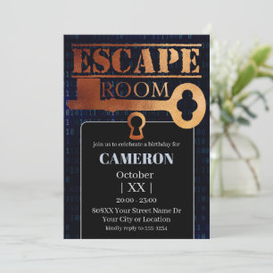 Invitación Fiesta de Escape Room Cerradura y Llave Código Bin