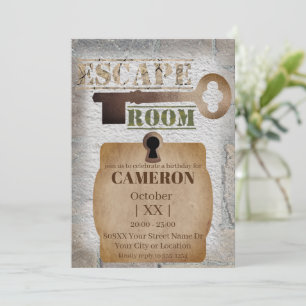 Invitación Fiesta de Escape Room Cerradura y Llave Concreto y