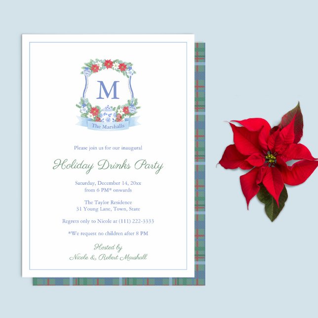 Invitación Fiesta de Escudos de Navidades Rojos Refinados (Chinoiserie Red Blue and white Christmas crest decorates this Holiday Drinks Party Invitation)