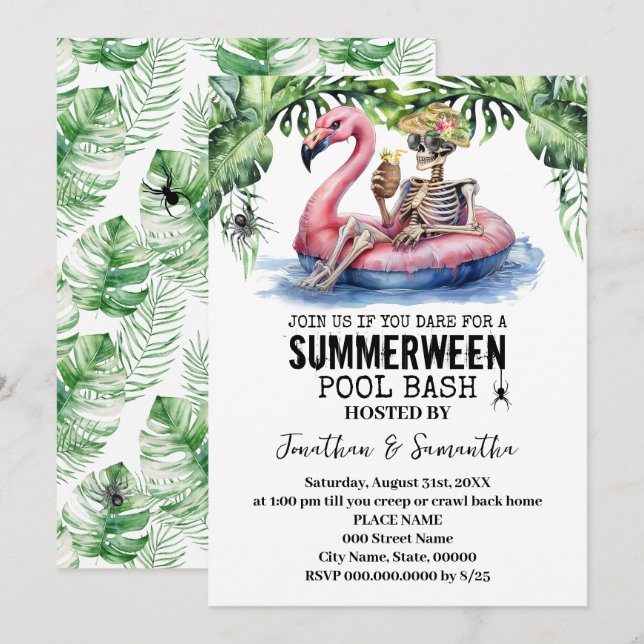 Invitación Fiesta de Esqueletos Tropicales de Summerween en l (Anverso / Reverso)