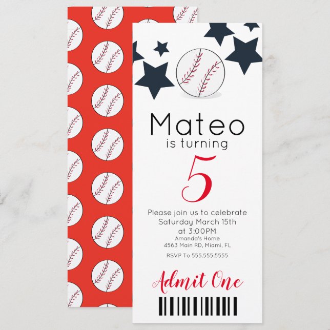 Invitación Fiesta de estilo de tickets del patrón de béisbol  (Anverso / Reverso)