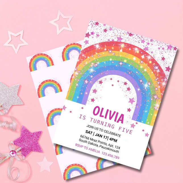 Invitación Fiesta de estrellas brillantes con brillo de arcoi (RAINBOW GLITTER SPARKLE STARS BIRTHDAY INVITATION FOR GIRLS)