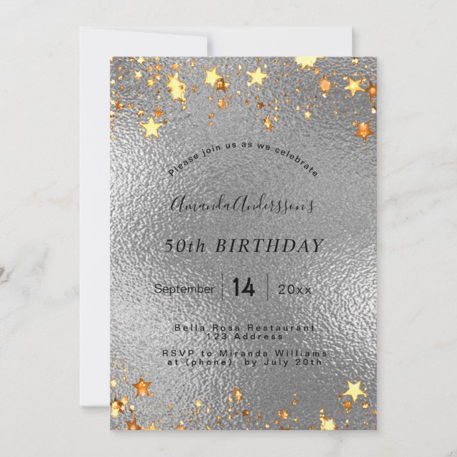 Invitación Fiesta de estrellas de oro de plata de cumpleaños (Anverso)