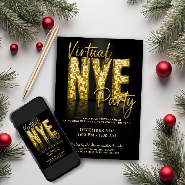 Invitación Fiesta de Eve Años Nuevos Virtuales Glam Gold (Gold Glam Virtual New Years Eve Party Invitation)