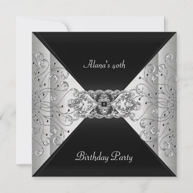 Invitación Fiesta de eventos Elegant Black Silver de Cumpleañ (Anverso)