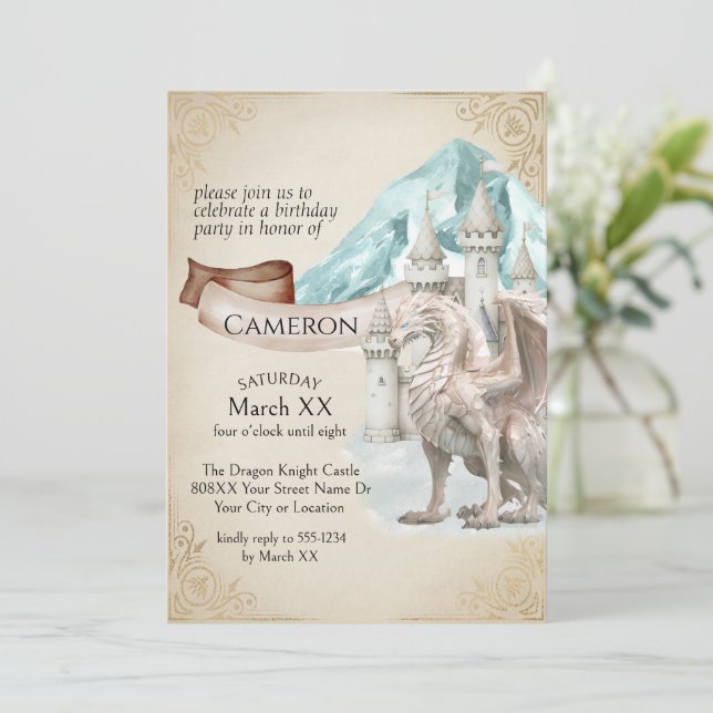 Invitación Fiesta de Fantasía de Hielo Dragón y Castillo (Anverso de pie)