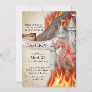 Invitación Fiesta de fantasía del dragón de fuego rojo y el c