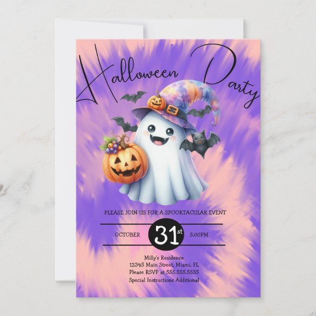 Invitación Fiesta de fantasmas de Halloween Tie Dye Dibujado  (Anverso)
