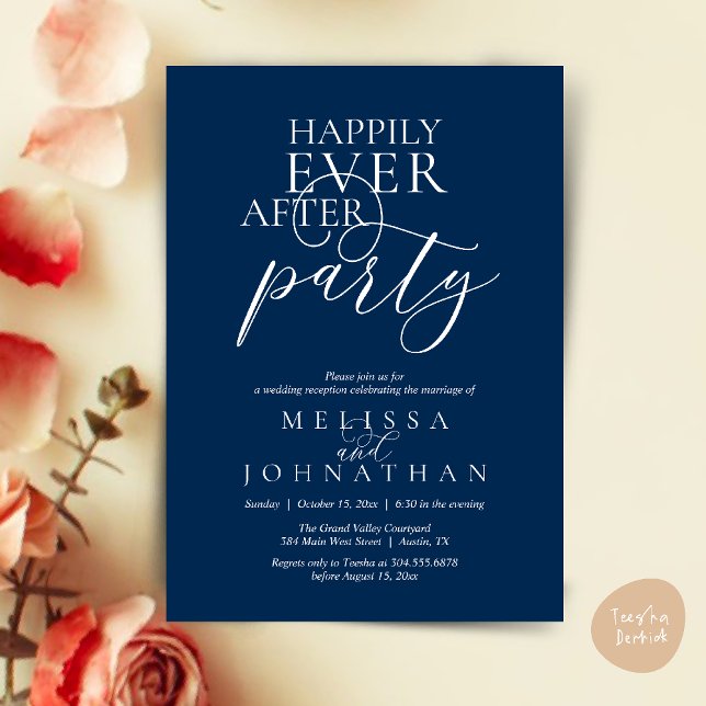 Invitación Fiesta de Felices para Siempre, Boda Clásica Moder (Happily Ever After Party, Modern Classy Wedding Invitation Card PDF Navy Blue)