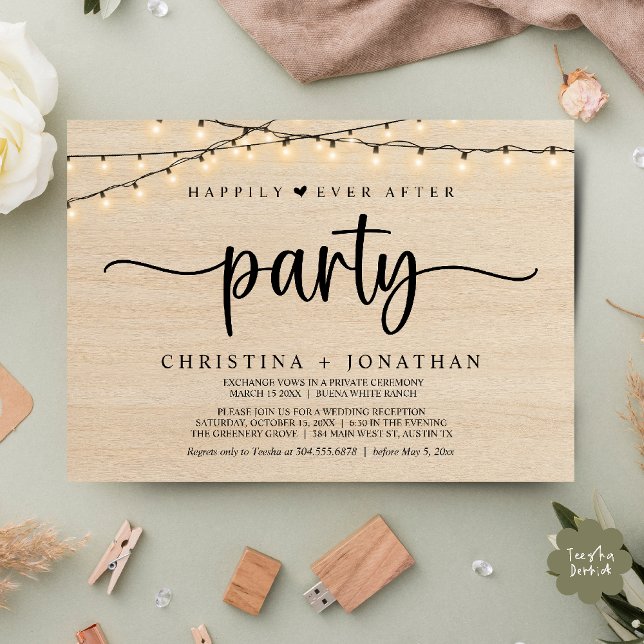 Invitación Fiesta de Felices para Siempre, Boda con Luces de  (Happily Ever After party, String Lights Wedding Invitation Card PDF Cottage Wood)