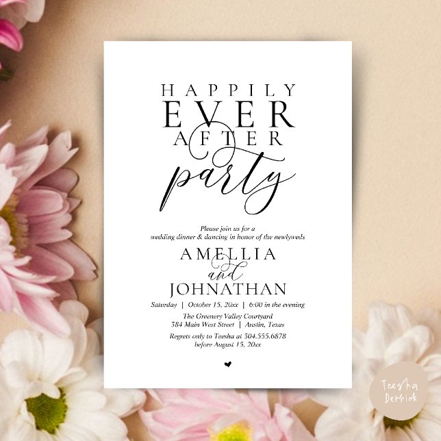 Invitación Fiesta de Felices para Siempre Cena de Boda con Hu (Happily Ever After Party Wedding Elopement Dinner Invitation Card in Black and white)
