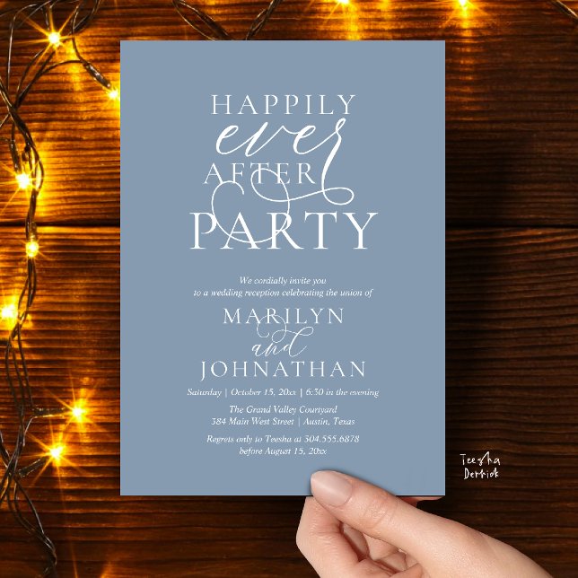 Invitación Fiesta de Felices para Siempre, Cena de Boda Elega (Happily Ever After Party, Classy Wedding Dinner Party Invitation Card in Dusty Blue)