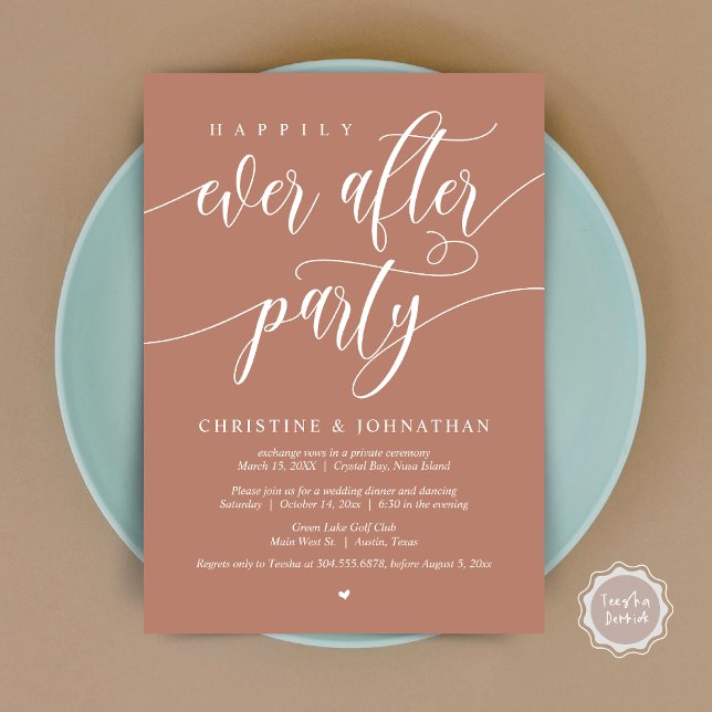 Invitación Fiesta de Felices para Siempre, Cena de Boda Intim (Happily Ever After Party, Wedding Elopement Dinner Invitation Card, PDF, in Terracotta Earthy Brown)