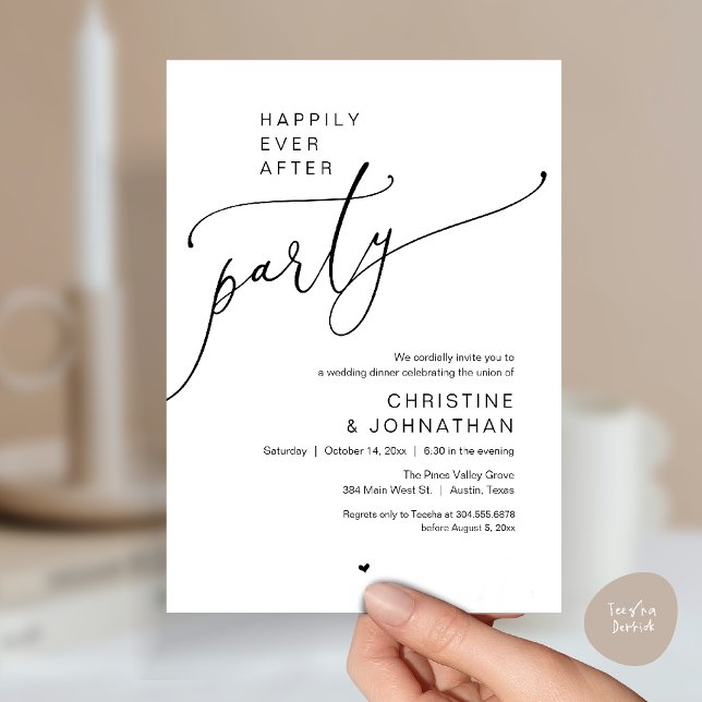 Invitación "Fiesta de Felices para Siempre" Cena de Boda Mode ("Happily Ever After Party" Modern Wedding Dinner reception Invitation card in black white)