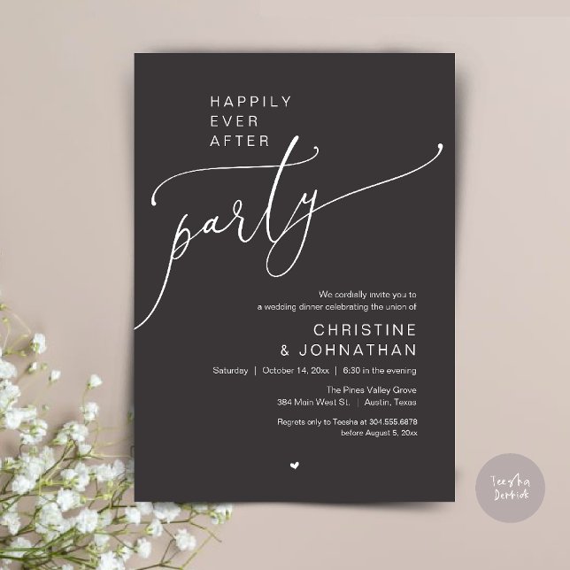 Invitación "Fiesta de Felices para Siempre" Cena de Boda Mode ("Happily Ever After Party" Modern Wedding Dinner reception Invitation card in charcoal grey)