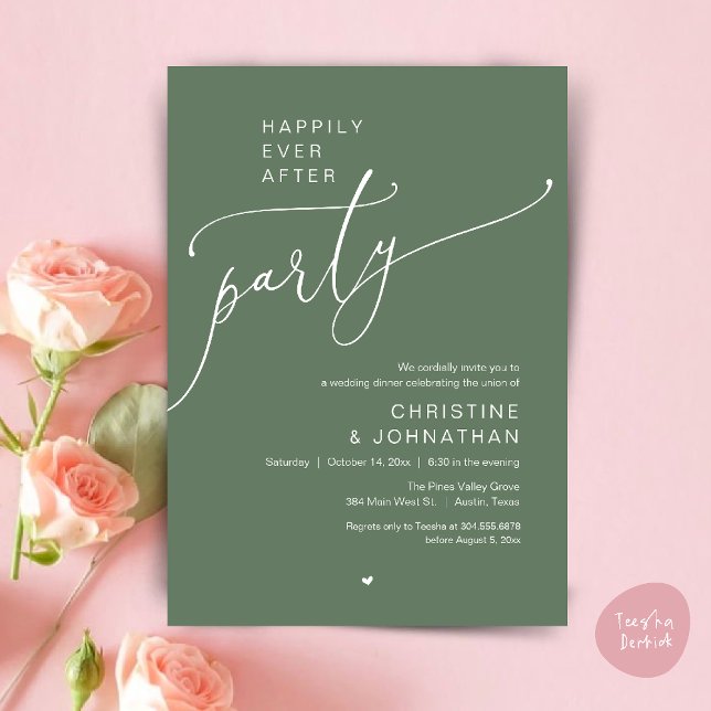 Invitación "Fiesta de Felices para Siempre" Cena de Boda Mode ("Happily Ever After Party" Modern Wedding Dinner reception Invitation card in sage green)
