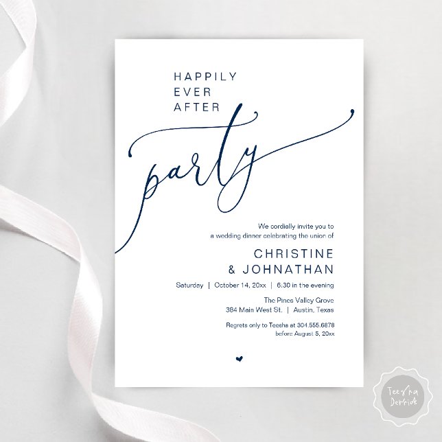 Invitación "Fiesta de Felices para Siempre" Cena de Boda Mode ("Happily Ever After Party" Modern Wedding Dinner Invitation Card in navy Blue)
