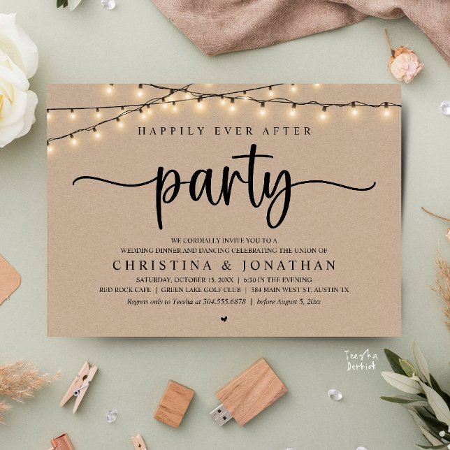 Invitación Fiesta de Felices para Siempre, Cena de Boda Rústi (Happily Ever After Party, Rustic Wedding Dinner Invitation Card,  cottage string lights, brown kraft)
