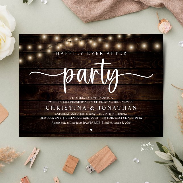 Invitación Fiesta de Felices para Siempre, Cena de Boda Rústi (Happily Ever After Party, Rustic Wedding Dinner Invitation Card,  cottage string lights, brown wood)