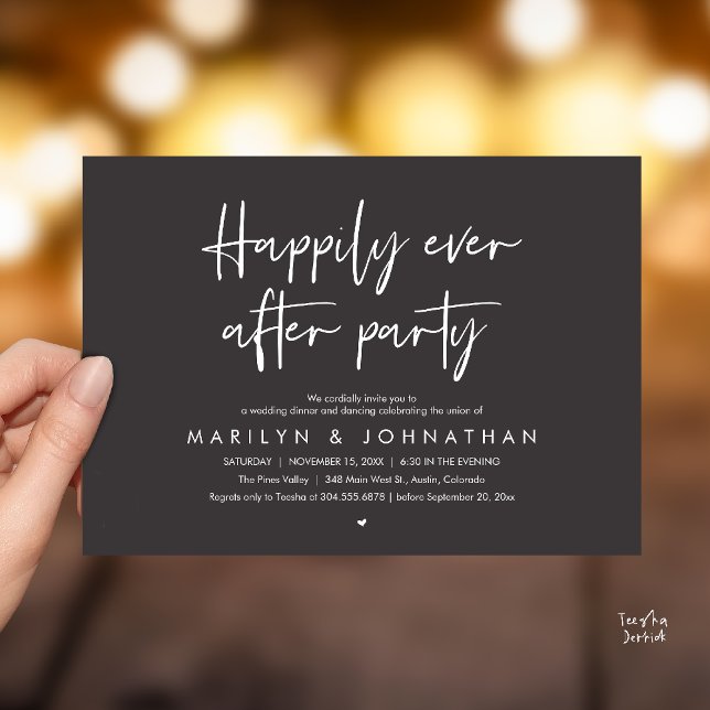 Invitación Fiesta de Felices para Siempre, Cena de Boda y Bai (Happily Ever After Party, Wedding Dinner Dancing Invitation Card in Charcoal Grey)
