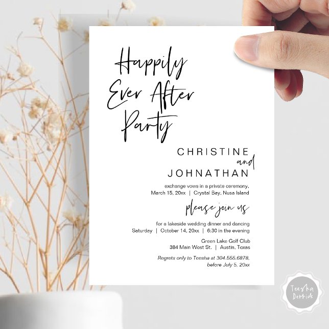 Invitación Fiesta de Felices para Siempre, Cena de Elopamient (Happily Ever After Party, Wedding Elopement Dinner Invitation Card, in minimalist Black and White.)