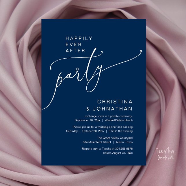 Invitación Fiesta de Felices para Siempre, Cena de Recepción  (Happily Ever After Party, Modern Reception Dinner Invitation Card in Navy Blue)