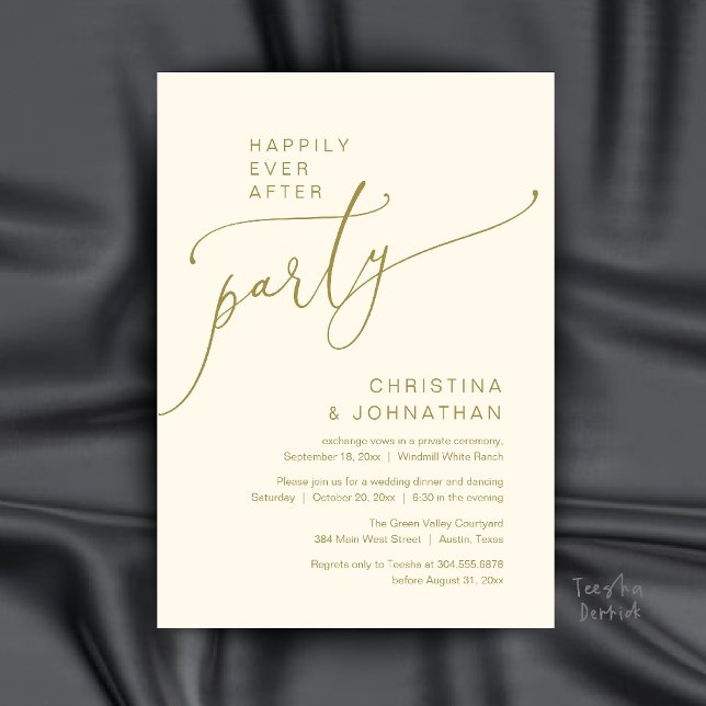 Invitación Fiesta de Felices para Siempre, Cena de Recepción  (Happily Ever After Party, Modern Reception Dinner Invitation Card in Gold and Cream)